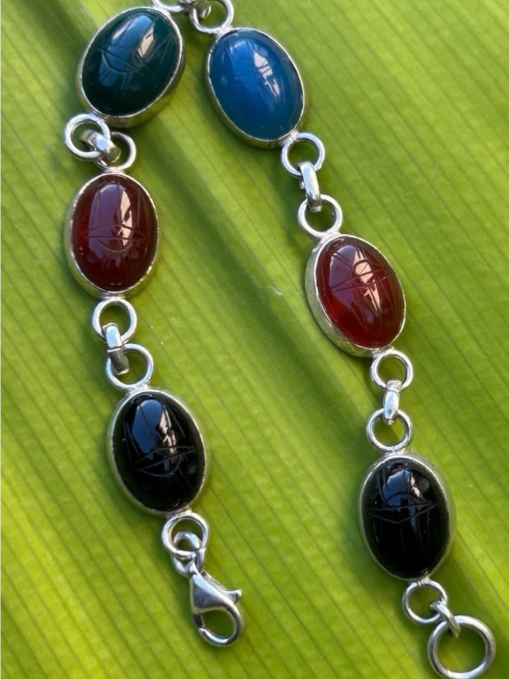 Vintage Sterling Silver Carved Gemstones Scarab Egyptian Revival Bracelet 7.45”